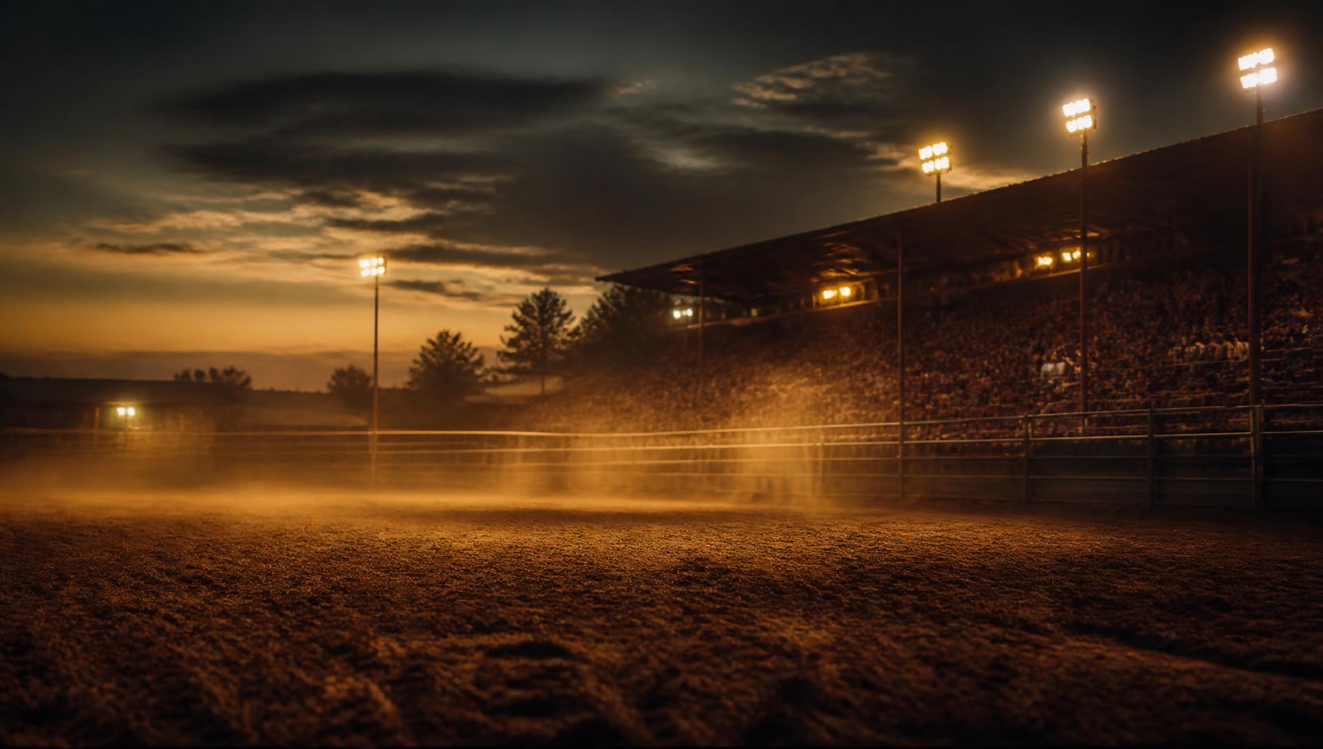 Arena de rodeio ao entardecer com poeira no ar